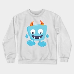 Cute Monster, Blue Monster, Funny Monster, Horns Crewneck Sweatshirt